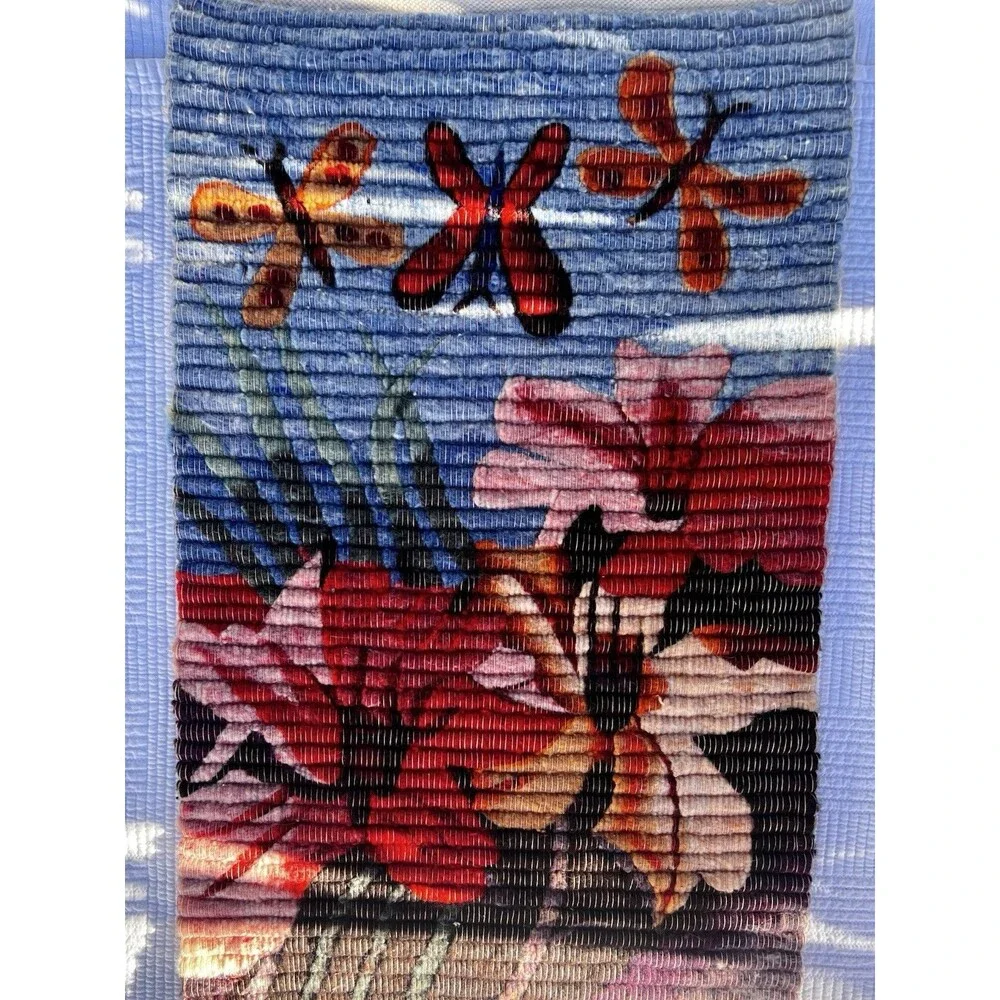 Vintage Handmade Peru Wool Butterfly Floral Tapestry Wall Hanging 23x15